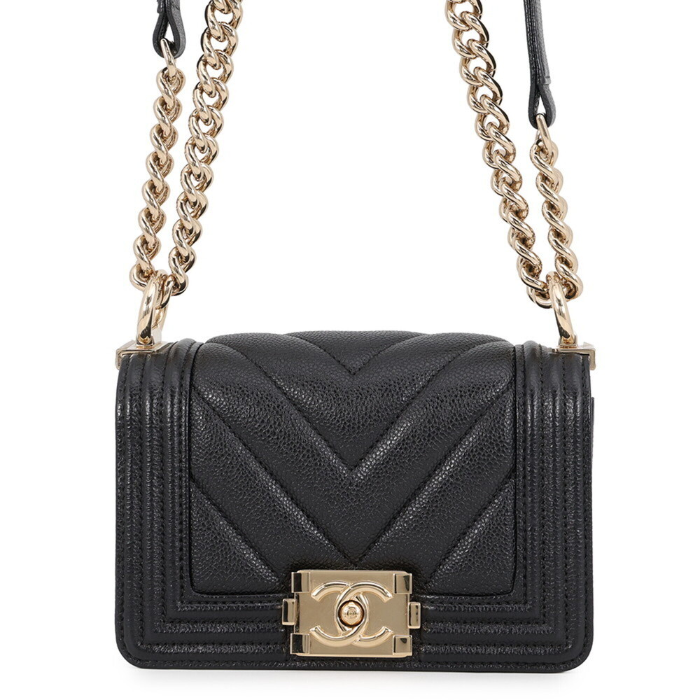 Chanel Chain Shoulder Bag Boy Chevron Caviar Skin A67364 CHANEL Black Handbag...